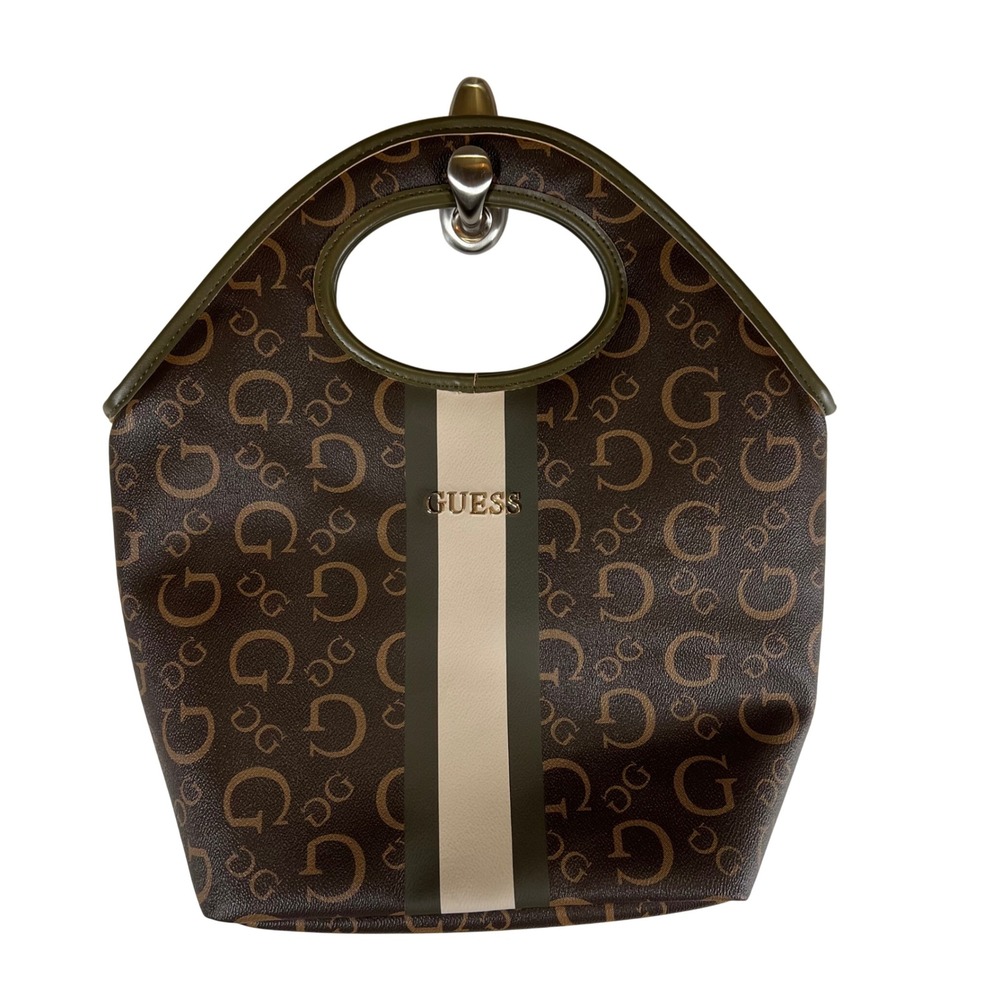Guess Monogram Cutout Handle Tote Bag Brown Olive Green Logo Print Lunch Bag